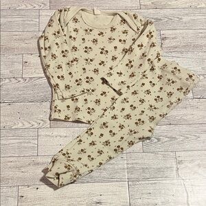 Quincy Mae Cream Ribbed Floral Kids Pajama Set with Brown Flowers